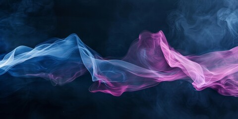 Flowing smoke captured in an abstract dance of blue and pink colors against a dark background. - 794738838