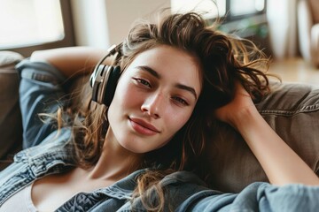 Fototapeta premium Relaxed young woman listening to music with headphones while lying on sofa at home