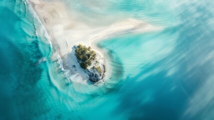 Top-down aerial shot capturing a tranquil small island with clear turquoise waters and white sands.