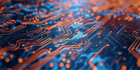 Complex network of glowing blue and orange circuit board traces for technology-themed backgrounds. - 794738875