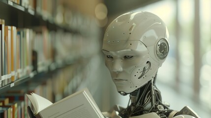 Futuristic AI robot with a humanoid face engaged in reading a book among library shelves. - 794738876