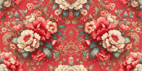 Spring red flowers backdrop beautiful floral seamless pattern of fabric flowers baroque colorful decoration wallpaper background