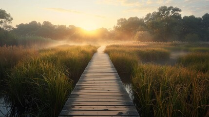 Obraz premium Serene Dawn in Wetlands: Wooden Walkway Amidst Marshes for American Wetlands Month