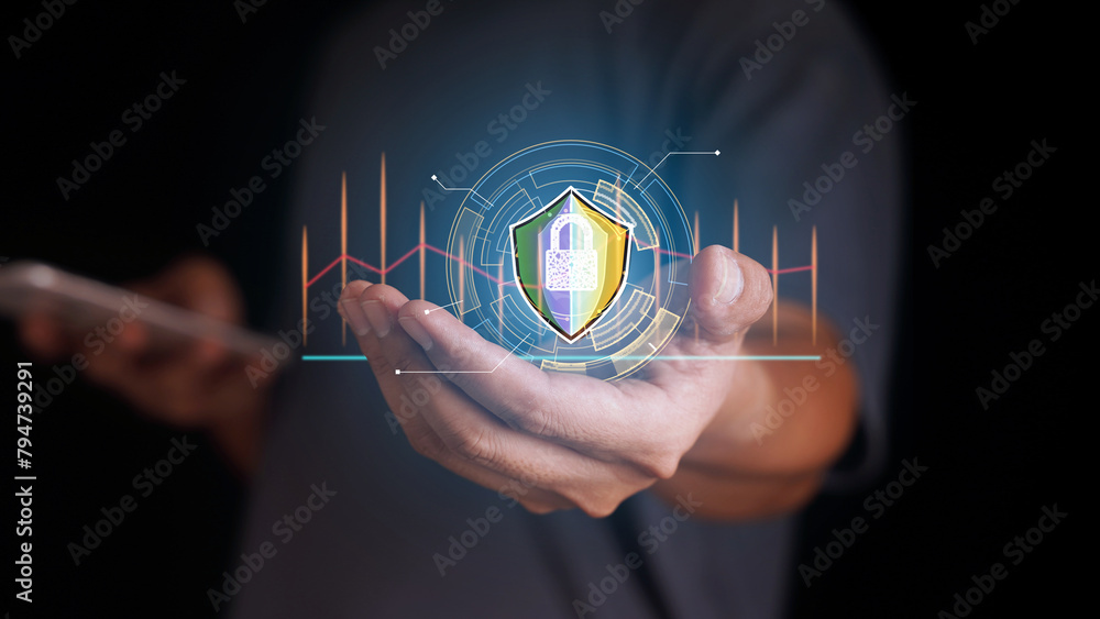 Aufkleber cyber security and privacy concept to protect data, lock icon and internet network security technolo