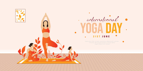 International yoga day wishes banner or poster design with skin color background, yoga, tree pose, Vrikshasana, yoga, 21st June, Creative, illustration, of woman, doing, yoga, social, media, vector
