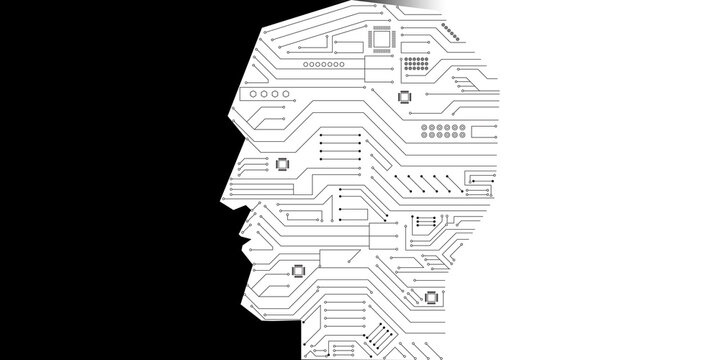 cyborg human head with circuit board. concept design technology future. gradient black and white background with copy space 