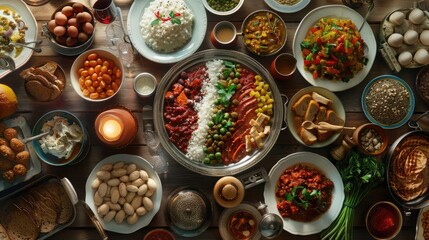A panoramic view of a beautifully arranged Passover meal, showcasing the variety of dishes prepared for the Second Passover celebration. - obrazy, fototapety, plakaty