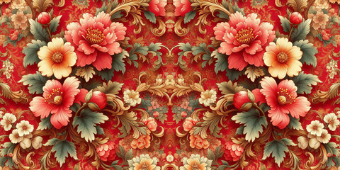 Spring red flowers backdrop beautiful floral seamless pattern of fabric flowers baroque colorful decoration wallpaper background