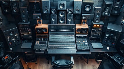 The room is filled with a variety of sound equipment including monitors, mixers, and speakers meticulously arranged in a professional recording studio setup