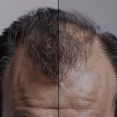 Highlighting the transformative effects of hair transplantation through a before-and-after comparison, with the before image illustrating the individual's initial hair loss or thinning, and the after 