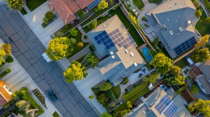 A birds-eye view of residential houses with solar panels being installed on their roofs