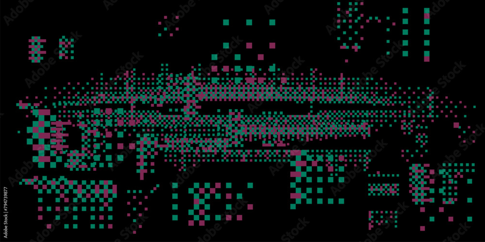Poster screen with neon pixel glitches and flickers. concept vector illustration of a broken or malware pro
