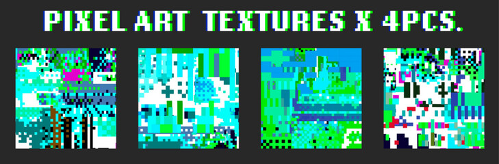 Set of pixel art glitchy textures in bright neon colors. 