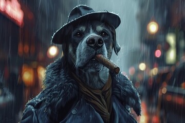 Cool and collected greyhound in mafia attire, anthropomorphic form smoking a cigar at a rainy city corner