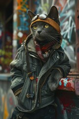 Fototapeta na wymiar Stylish anthropomorphic cat in trendy streetwear, posing casually on a graffitiladen wall