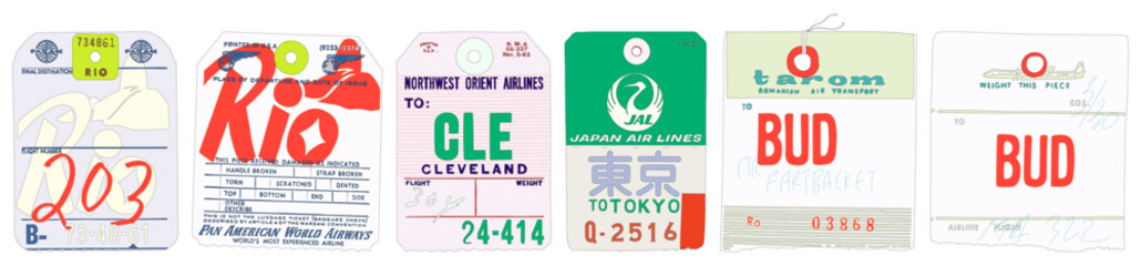 Isolated Vector Set of Vintage Luggage Tags  with Text and Airplane Logo