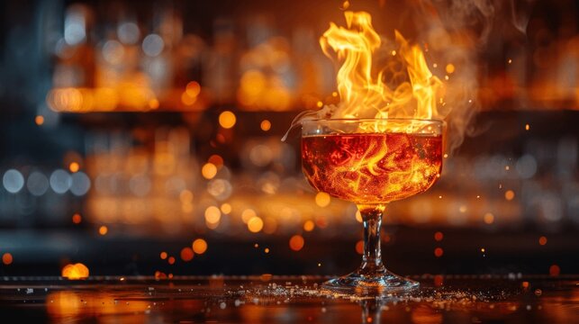 Flaming cocktail in a coupe glass with orange garnish.