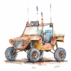 Watercolor painting of an old rusty orange dune buggy with a basket on the back