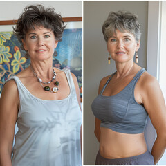 A comparison showing the before and after transformation of a middle-aged woman from overweight to slim. Illustrating the journey of weight loss and physical transformation.

