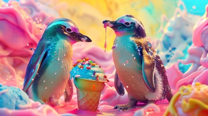 Whimsical scene of penguins waddling with vibrant ice cream cones, adding a pop of color to icy...