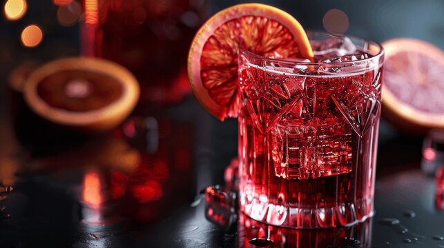 A glass of Negroni cocktail with blood orange slice. - Powered by Adobe