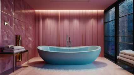 interior luxurious bathroom with bathtub  and combination of the blue and pink design with abstract background in the bath tub with showers in new style abstract background 