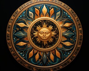 Fototapeta premium A golden sun with a human face surrounded by colorful intricate patterns.