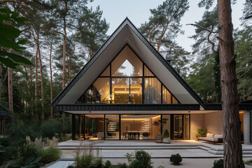 Minimalist villa with pitched roof in forest. Residential architecture exterior. clear light