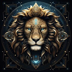 A golden lion with blue eyes and a glowing blue orb in front of it, surrounded by intricate golden patterns on a dark blue background.