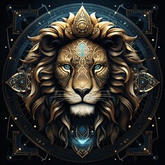 A golden lion with blue eyes and a glowing blue orb in front of it, surrounded by intricate golden patterns on a dark blue background.