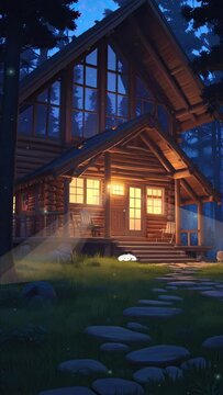 Enchanting depiction of a cozy wooden cabin hidden in the depths of a dense tropical jungle at night, with vibrant flora surrounding it, in a captivating anime-style looping video.