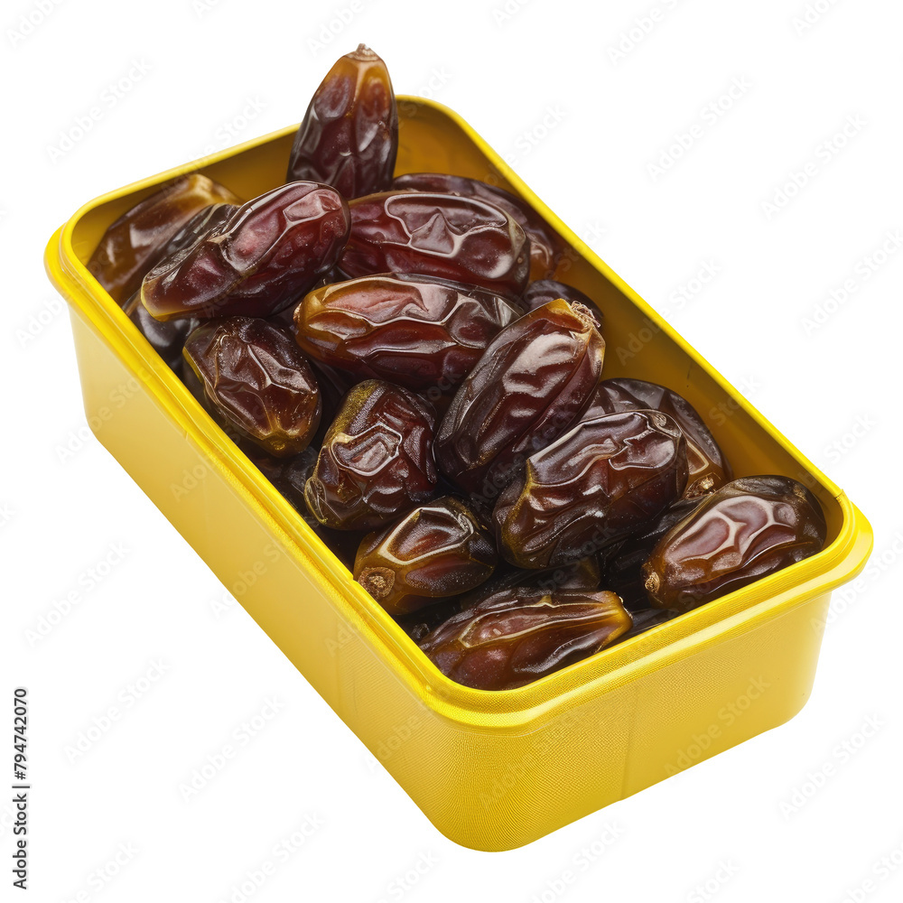 Poster a vibrant image showcasing dates in a yellow box to symbolize the essence of ramadan set against a t