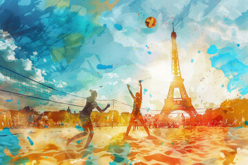 Vibrant watercolor of people playing volleyball near the Eiffel Tower - obrazy, fototapety, plakaty