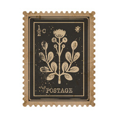 Retro Leaf Branch Postage Stamp in Monochrome with Grunge Details. Old Faded Scrapbook Paper