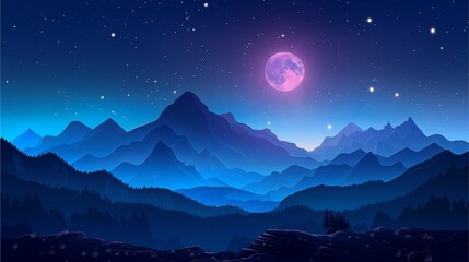 Obraz premium Mountain Moonrise: A stunning nighttime landscape featuring mountains, a bright moon, and a star-filled sky.