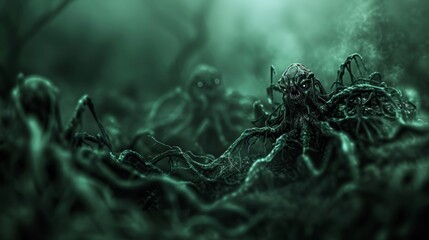 A fantasy depiction of luminescent spiders amidst an enigmatic, foggy underbrush. - 794742476