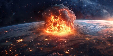 A cataclysmic explosion engulfing planet Earth, viewed from outer space. - 794742495
