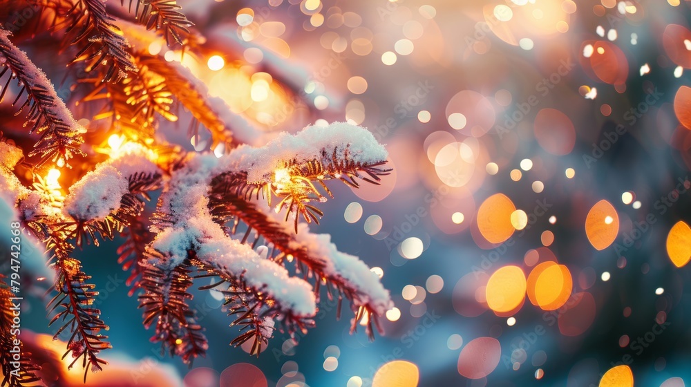 Poster close-up of snow-dusted pine branches against a backdrop of warm, sparkling bokeh lights.