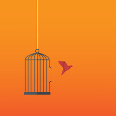 Flying bird and cage. Freedom concept. Emotion of freedom and happiness. Minimalist style.