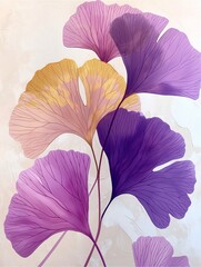 An illustration of ginkgo leaves in yellow and purple hues gracefully layered against a plain background.