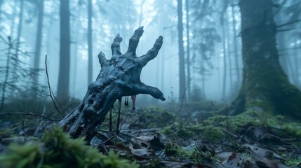 A spooky, hand-like tree root extends from the forest floor into a foggy, mysterious woodland scene. - 794742655