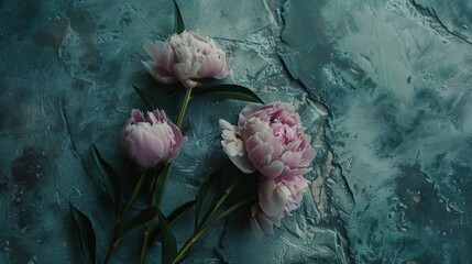 Fresh pink peonies lying on a textured blue background, creating a contrast of color and mood.