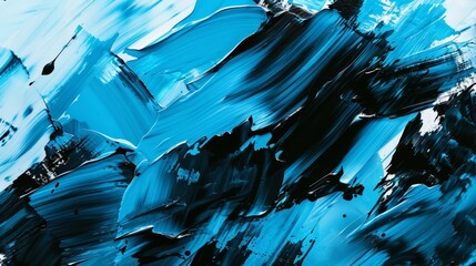Artistic abstract painting with bold blue and black brush strokes on a textured canvas. - 794742857
