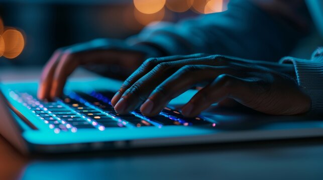 Close-up of hands typing on a glowing laptop keyboard in low light, highlighting modern work.