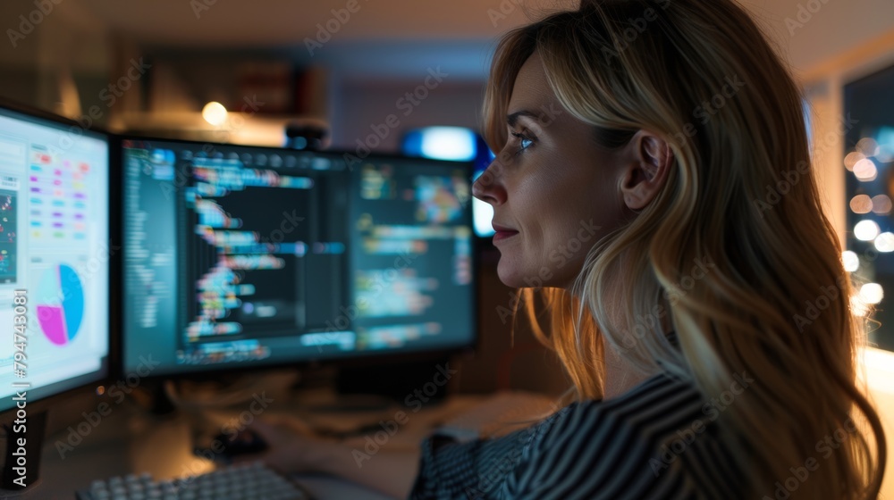 Poster focused woman coding on computer in a dimly lit office, exemplifying late-night dedication to softwa