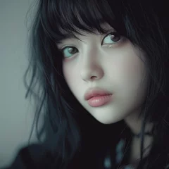 Foto op Plexiglas Un sutil acercamiento al lindo rostro de una joven asiática que luce un lindo flequillo © patypixie