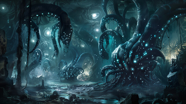 A subterranean alien hive, bioluminescent tunnels and organic structures, eerie and otherworldly