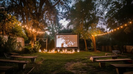 A movie screen set up in the middle of a yard for outdoor film screenings during nighttime - obrazy, fototapety, plakaty