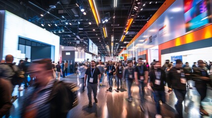 A bustling crowd of people walking around a convention hall at a tech conference, showcasing...