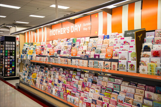 Auburn, CA, U.S.A. - April 24, 2024: Photo of a Mother's Day greeting card sign and display area in a Target retail store.